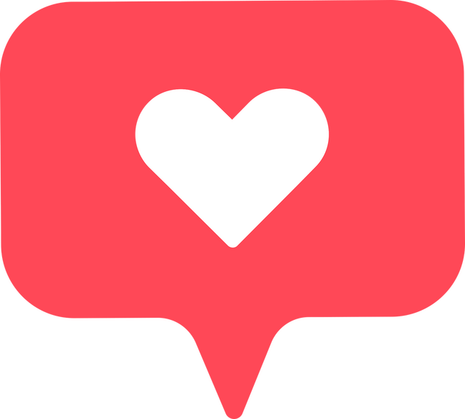 Pink speech bubble icon with a centered heart, representing social media engagement, community connection, and emotional support